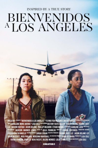 Poster for Bienvenidos A Los Angeles film with two actors and a landing airplane in the background