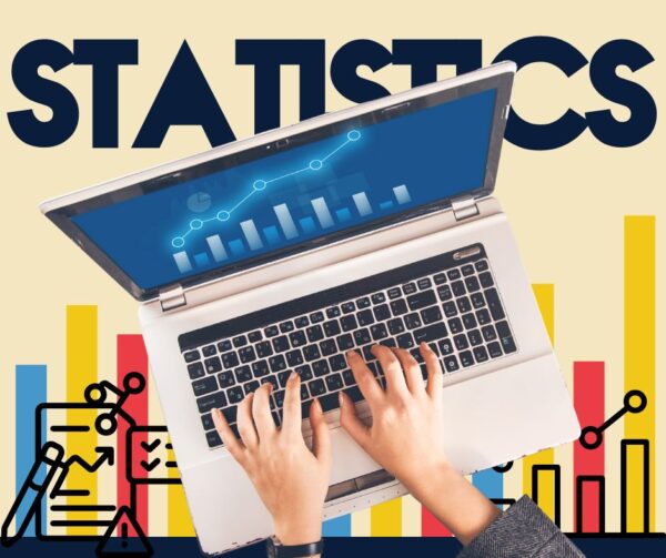 Hands typing on a laptop over a graphic background of graphs and the word "statistics"